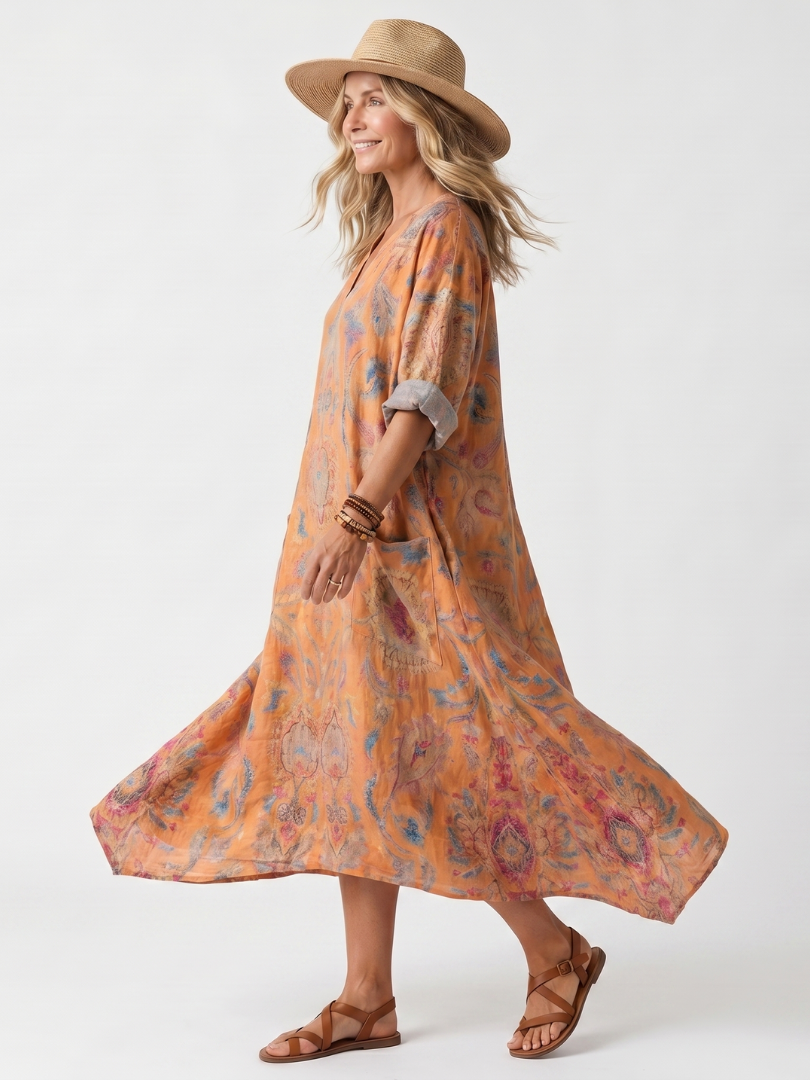 Serna | Notch Neck Printed Oversized Pocket Midi Dress
