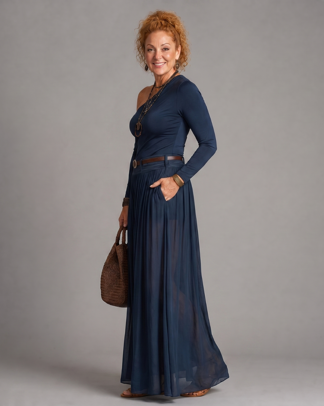 Viowen | One Shoulder Fitted Top And Pleated Maxi Skirt Set