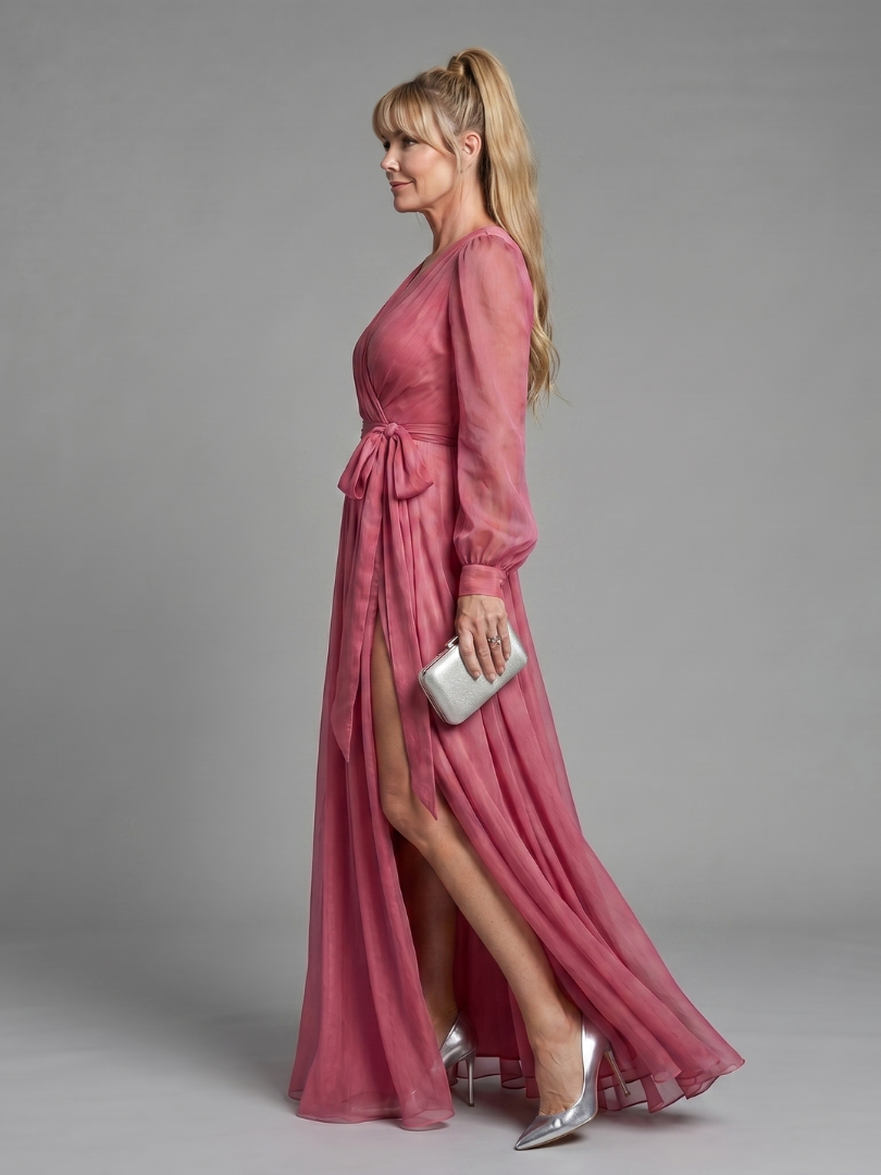 Vallyn | Long Sleeve Wrap Sheer Flowing Maxi Dress