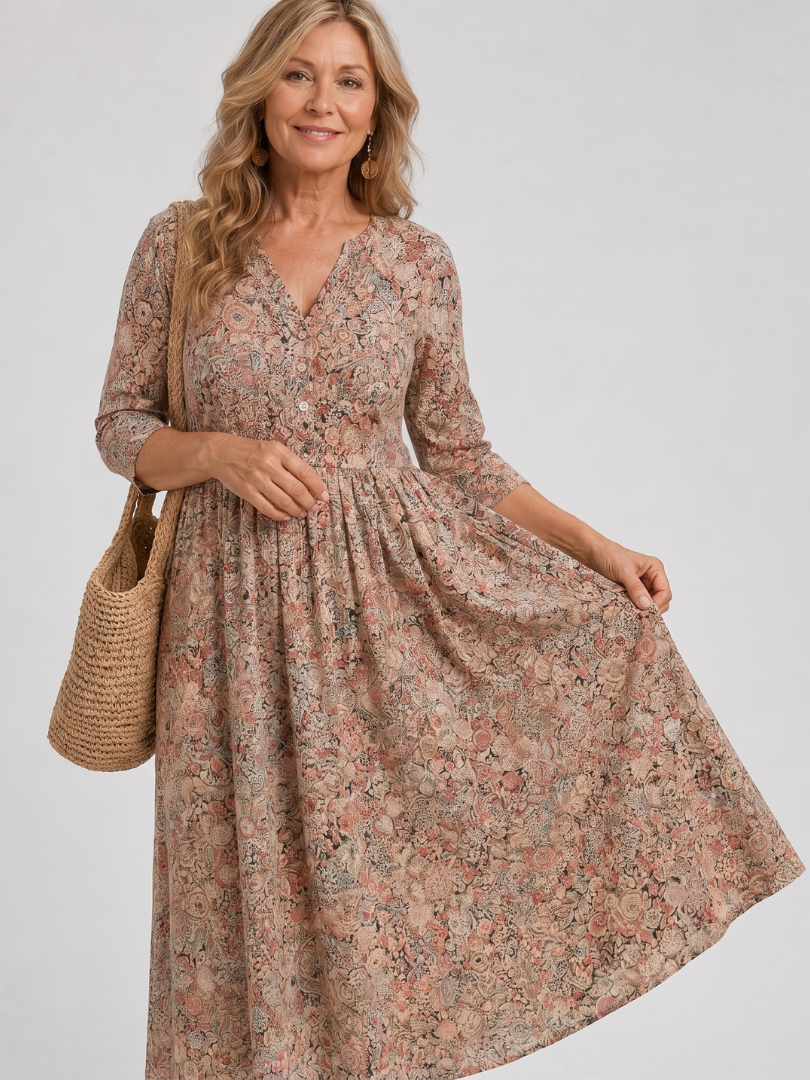 Daline | Vintage Front Three Quarter Sleeve Midi Dress