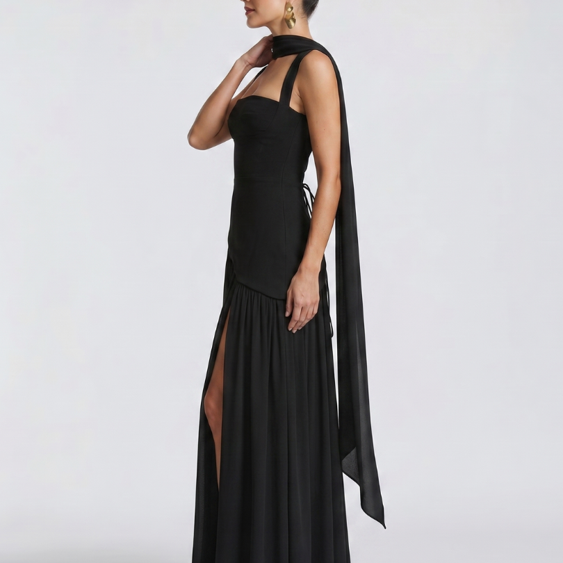 Fleurbelle | Cutout Neck Pleated Slit Maxi Dress