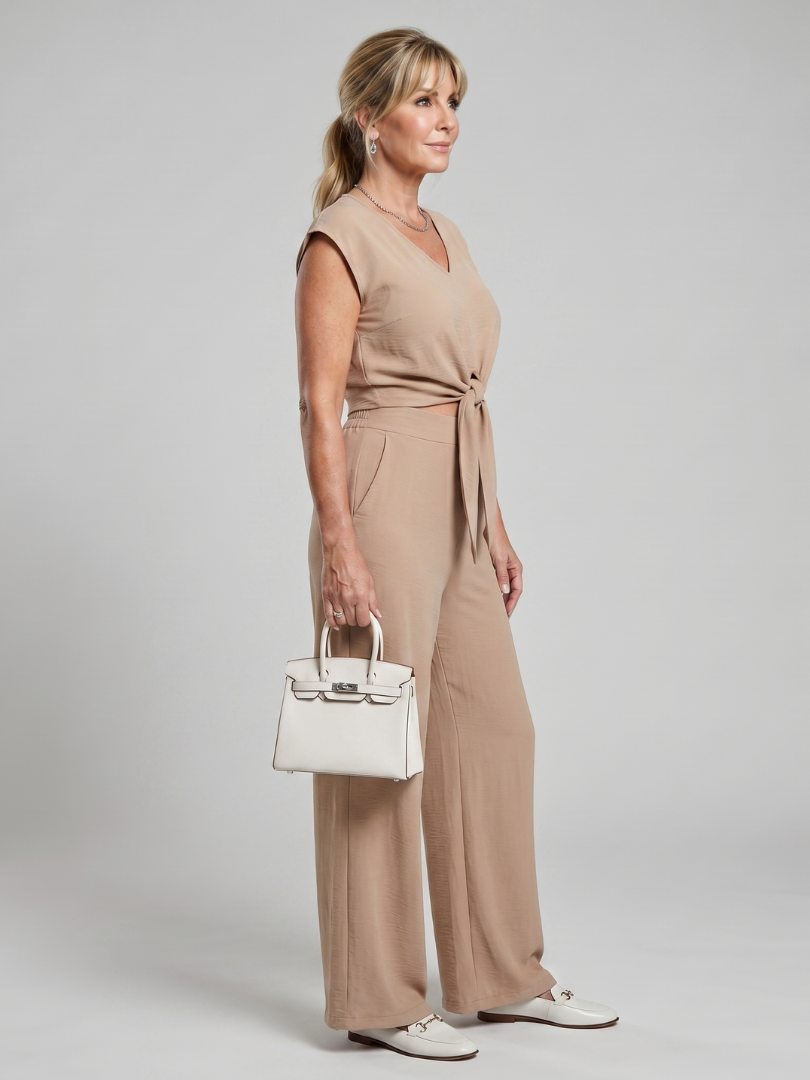 Maelette | Simple V Neck Strap Short Top Wide-leg Pants Sets