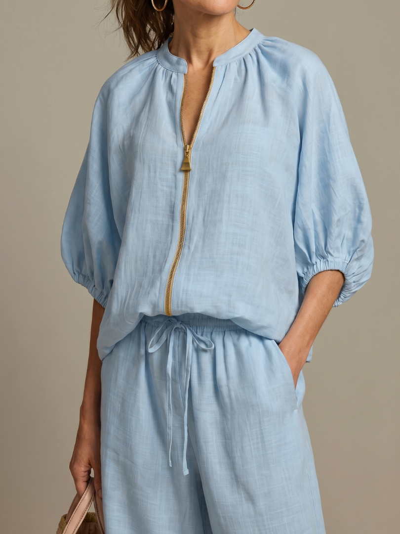 Halrin | Zip Front Blouson Top Wide Leg Set
