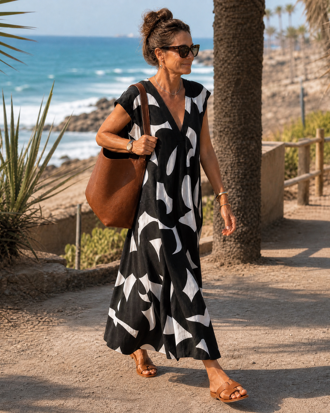 Verbeth | Abstract Print V Neck Flowing Midi Dress