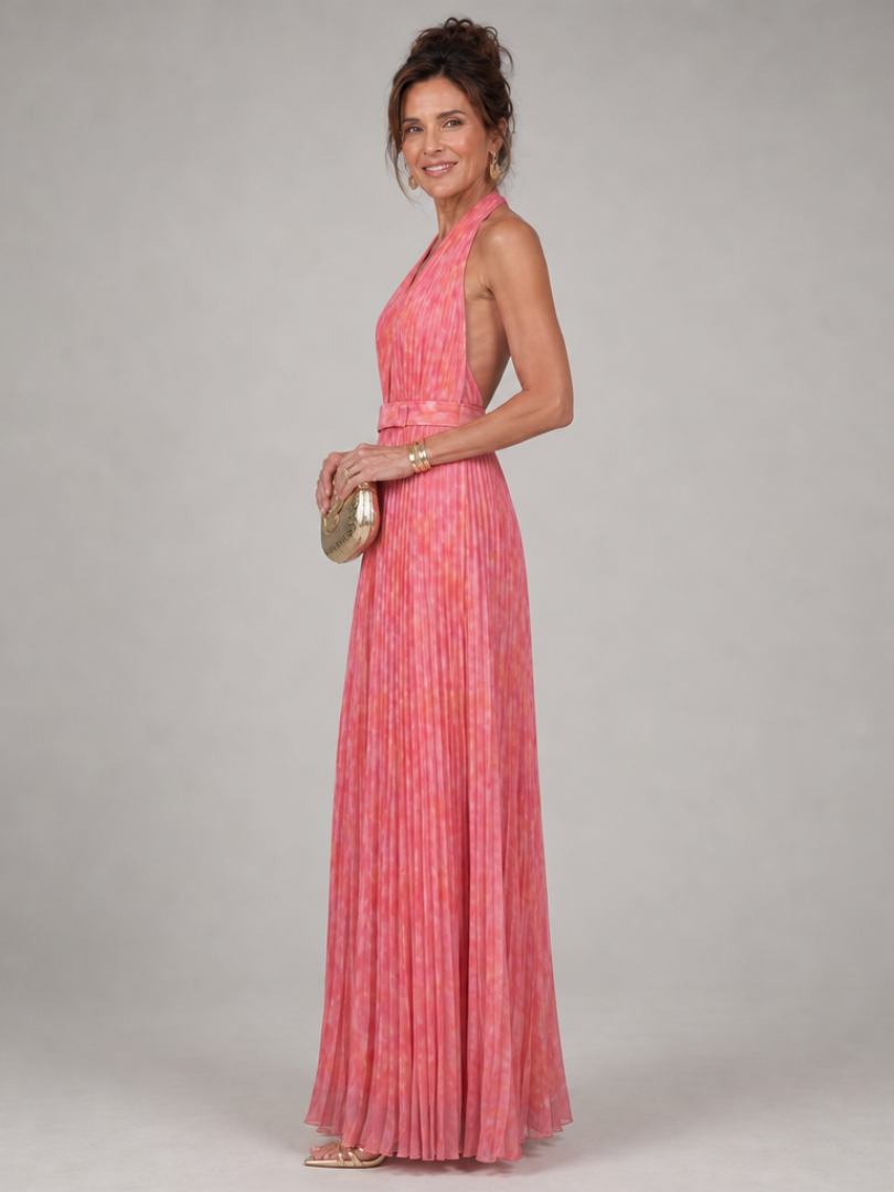 Hilaney | Halter Neck Pleated Skirt Maxi Dress