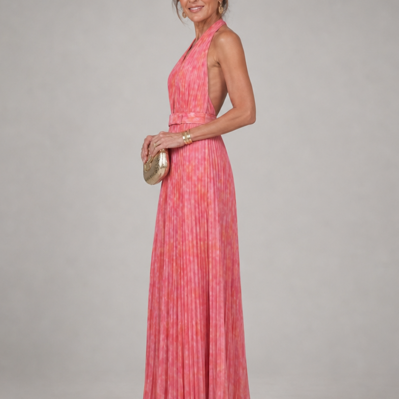 Hilaney | Halter Neck Pleated Skirt Maxi Dress