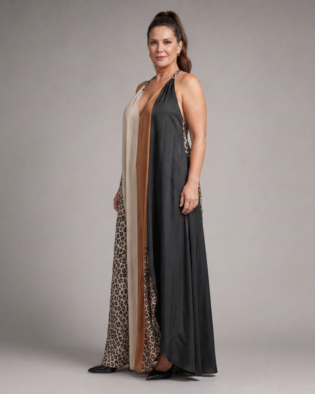Mirabelle | Color Block Animal Print Halter Flowing Maxi Dress