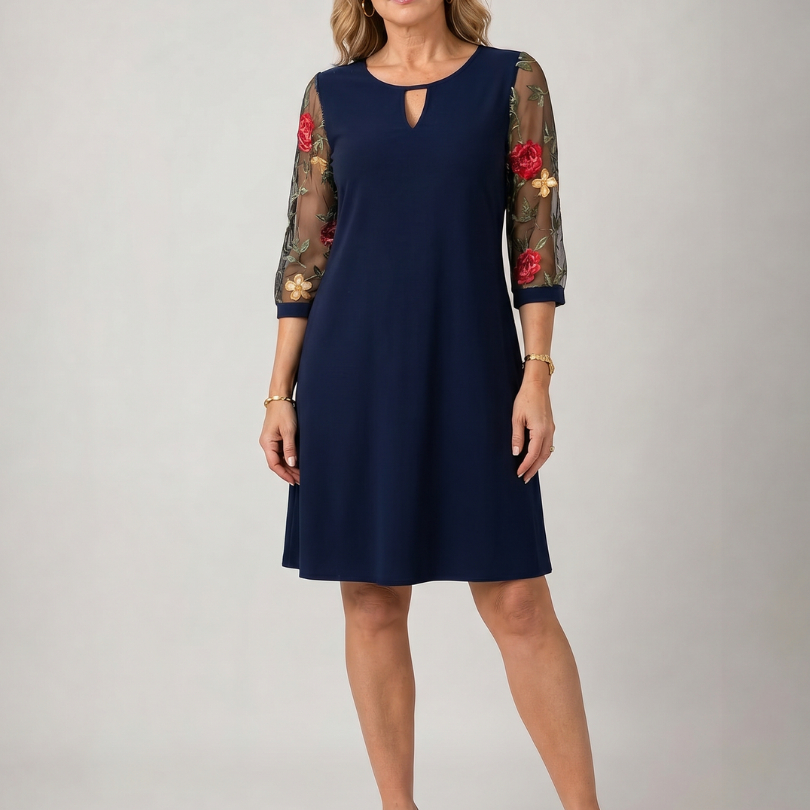 Casvia | Embroidered Mesh Sleeve Mini Dress