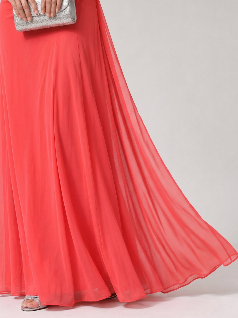 Orlalora | Mesh Yoke Ruched Maxi Dress