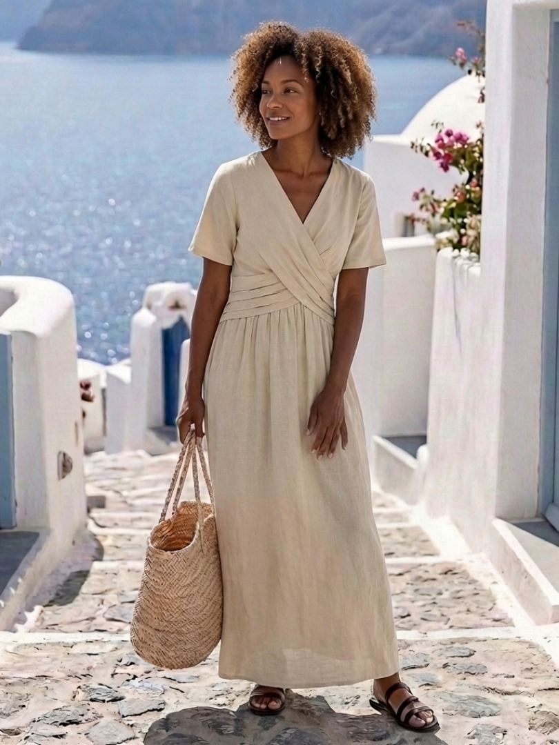 Frena | V Neck Short Sleeve Wrap Waist Midi Dress
