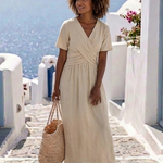 Frena | V Neck Short Sleeve Wrap Waist Midi Dress