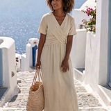 Frena | V Neck Short Sleeve Wrap Waist Midi Dress