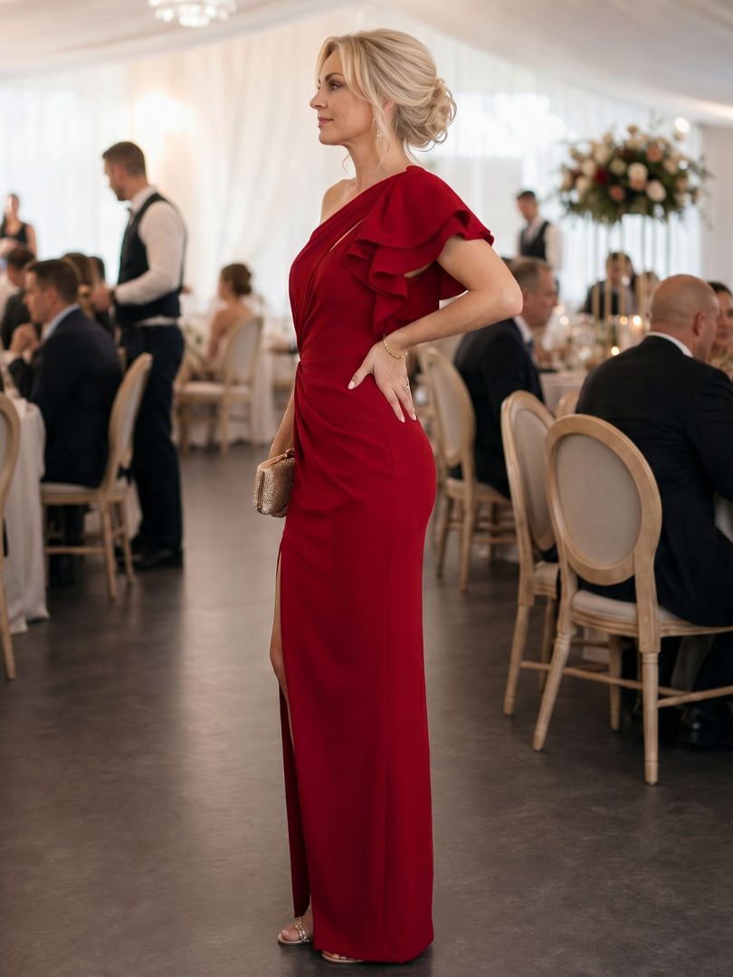 Theania | One Shoulder Draped Bodice Midi Dress