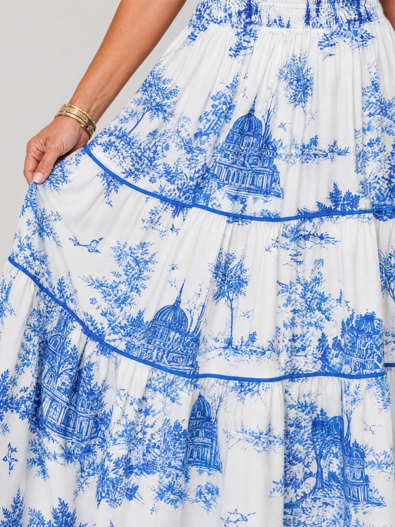 Fiobeth | Printed Short Sleeve Tiered Midi Dress