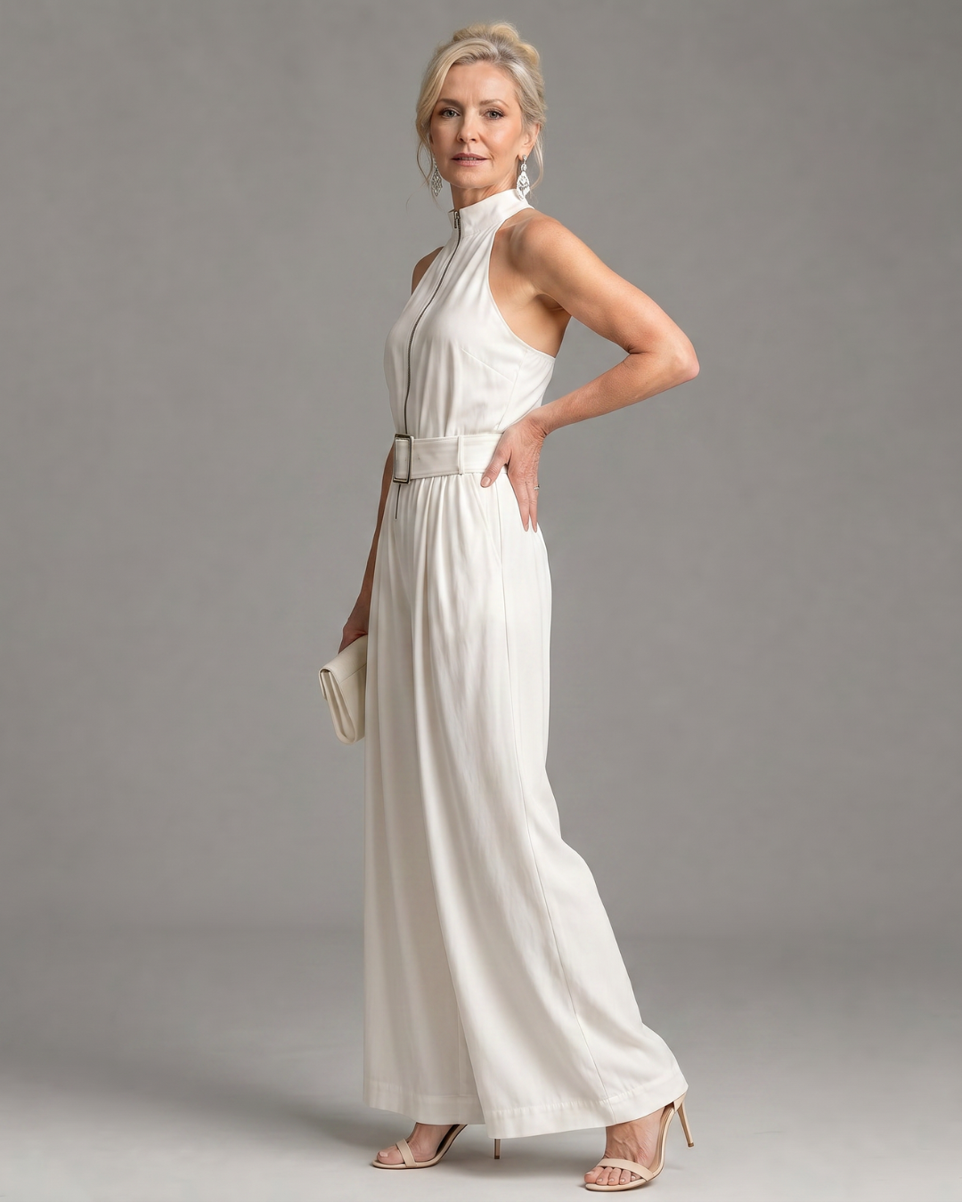 Frerina | Belted High Neck Wide Leg Sleeveless Jumpsuit
