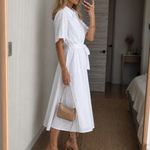 Thaldra | Short Sleeve Button Front Waist Tie Midi Dress
