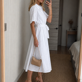 Thaldra | Short Sleeve Button Front Waist Tie Midi Dress
