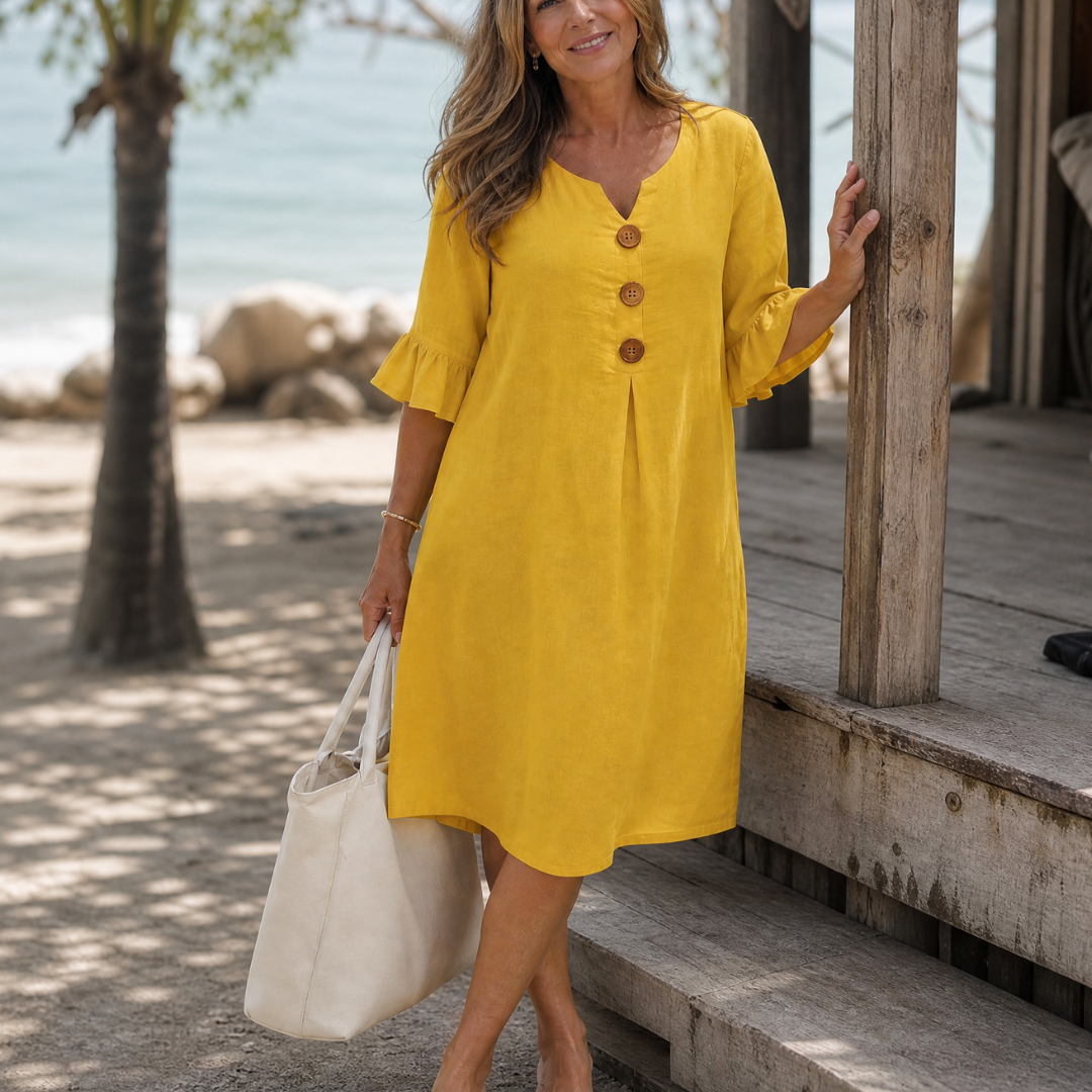Liasia | Button Detail Ruffle Sleeve Relaxed Midi Dress