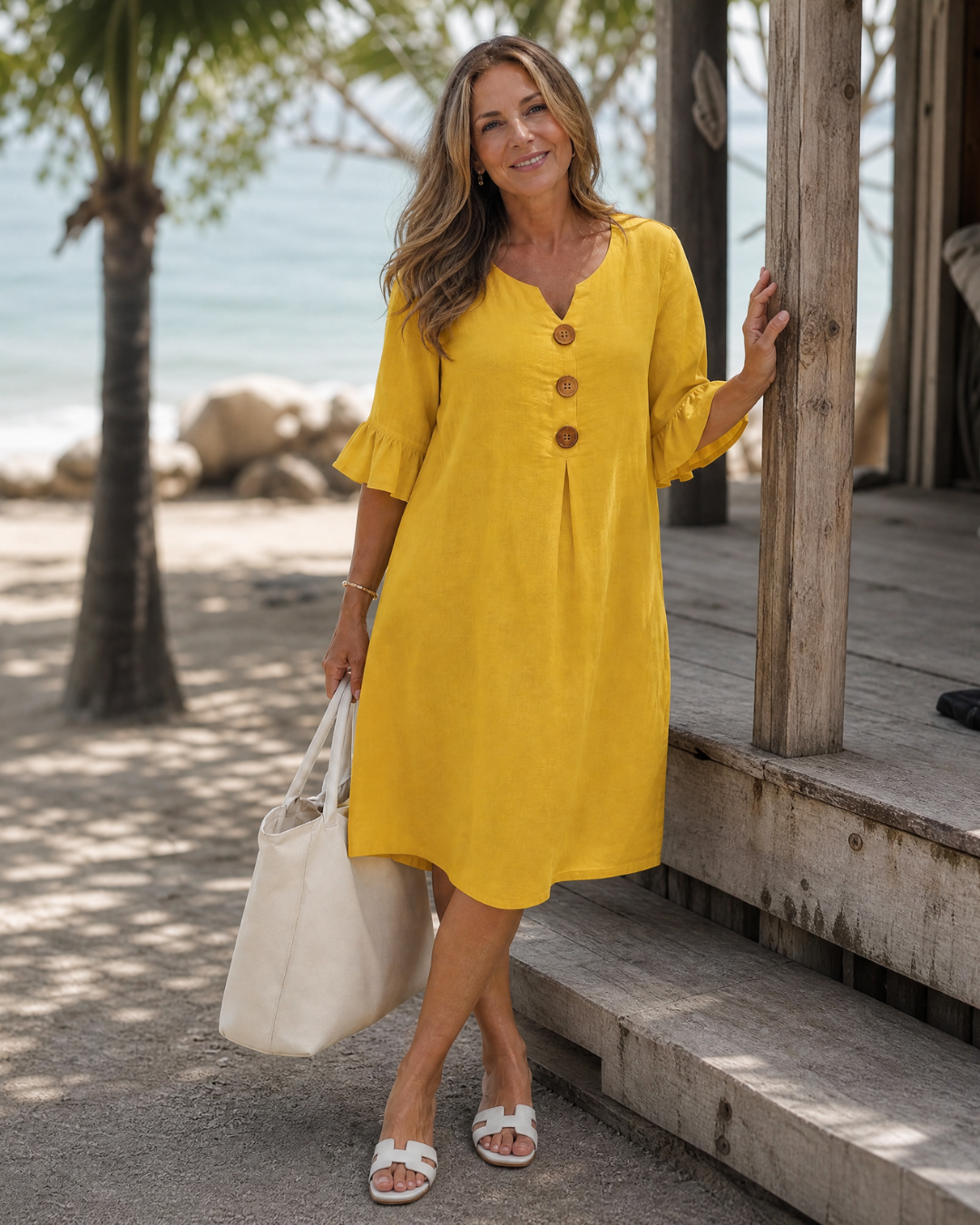Liasia | Button Detail Ruffle Sleeve Relaxed Midi Dress