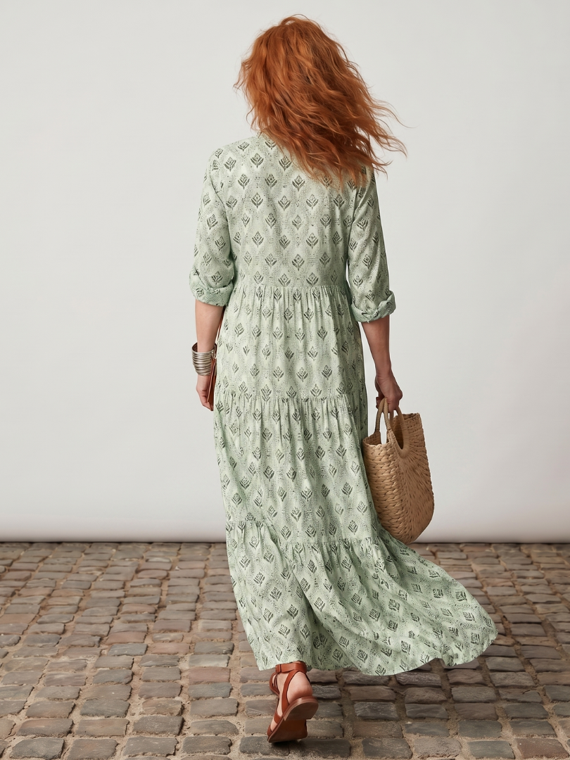 Teswen | Notch Neck Printed Long Sleeve Maxi Dress