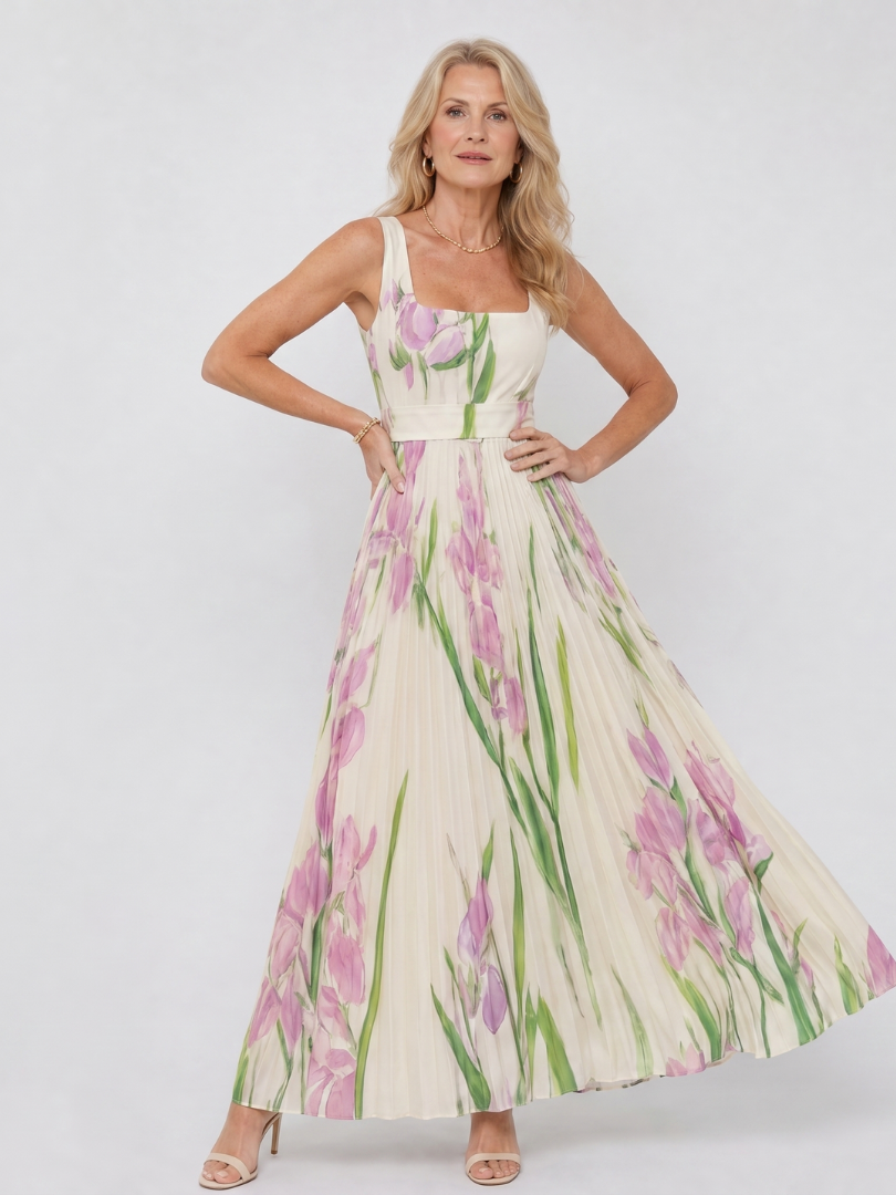 Camwen | Pleated Sleeveless Square Neck Midi Dress