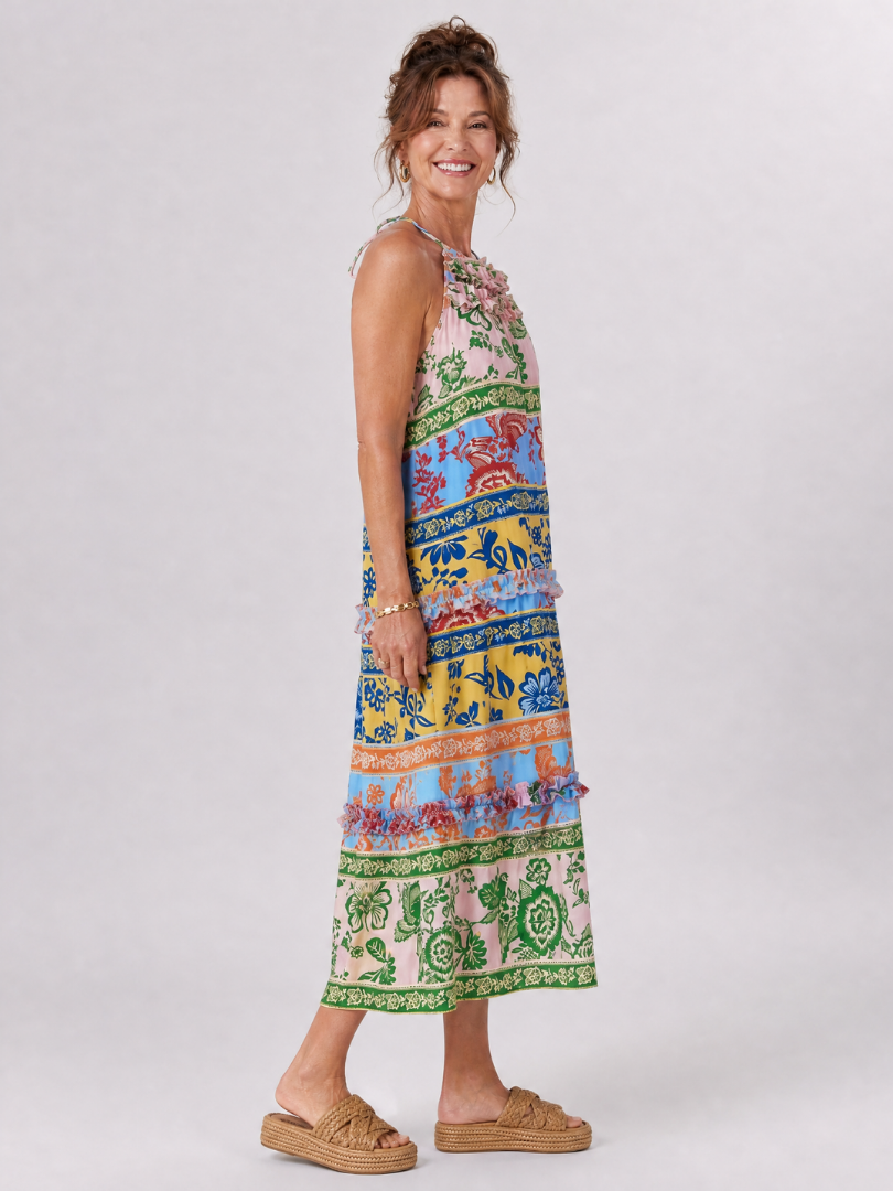 Pensia | Sleeveless Mixed Print Midi Dress