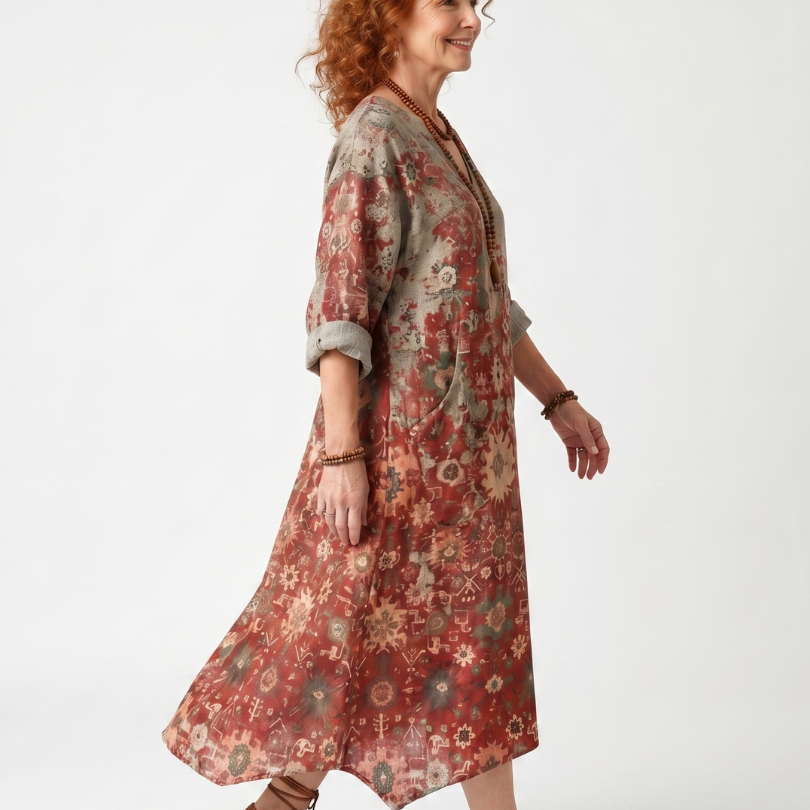 Lilawen | Mixed Pattern Relaxed Pocket Midi Dress