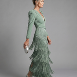 Milbeth | Long Sleeve Soft Fringe Skirt Midi Dress