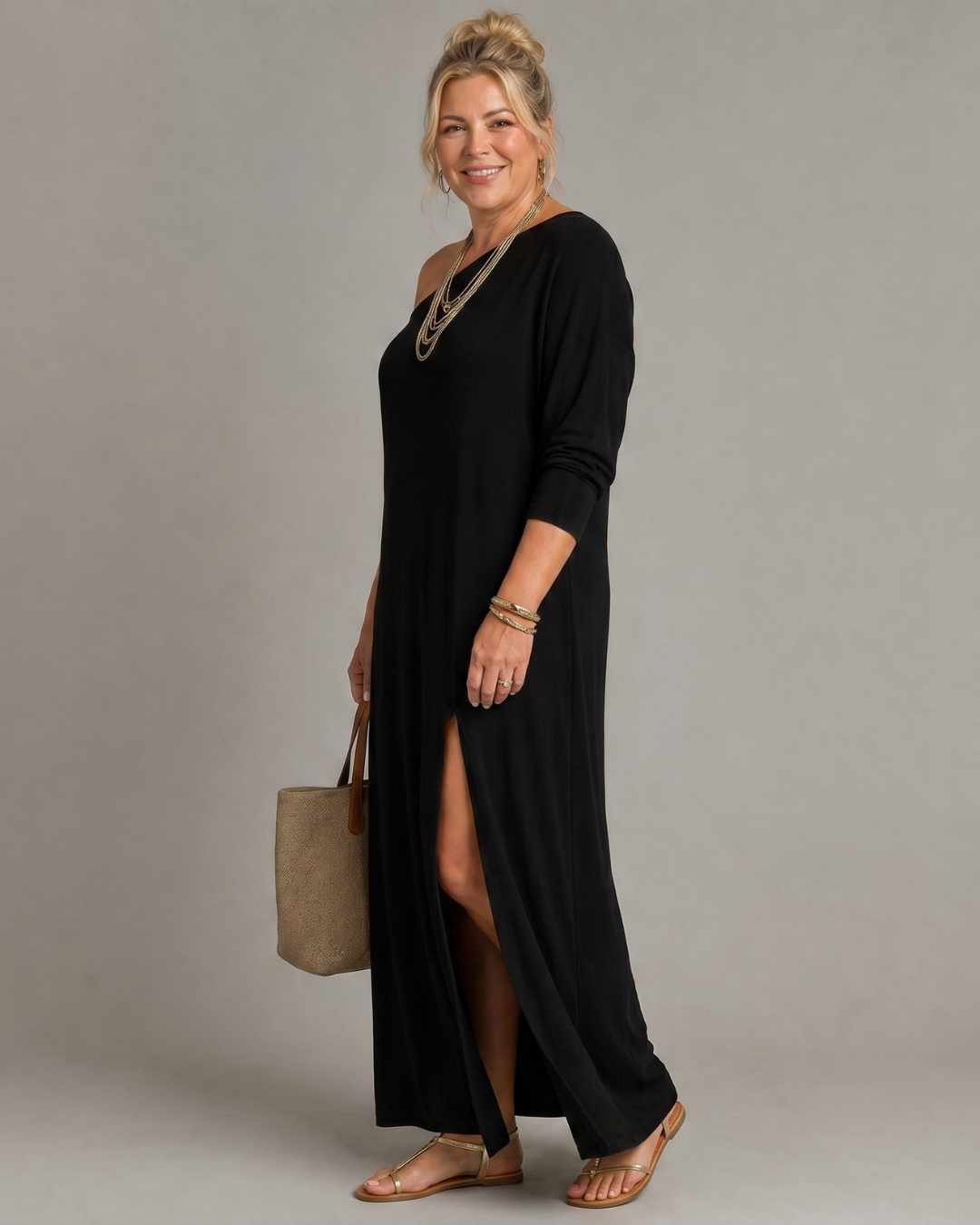 Mildra | One Shoulder Side Slit Flowing Midi Dress