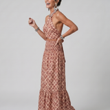 Vidarin | Cross Halter Geometric Print Cutout Midi Dress