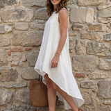 Rosthea | Flowing High Low Clean Neckline Midi Dress