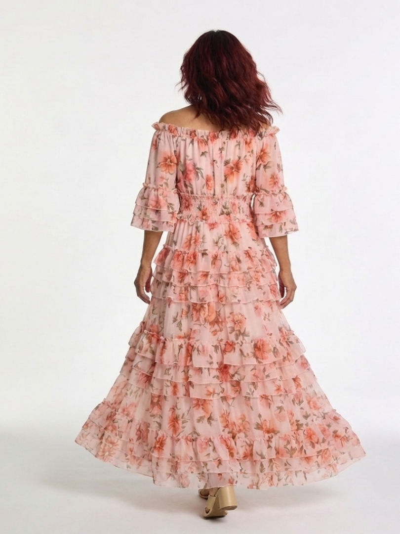 Kalsette | Off Shoulder Floral Ruffle Tiered Maxi Dress