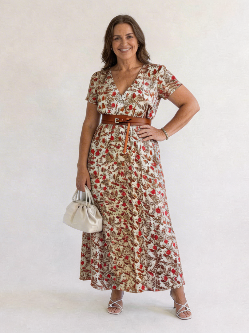 Tamsinna | Elegant Floral V-Neck Midi Dress