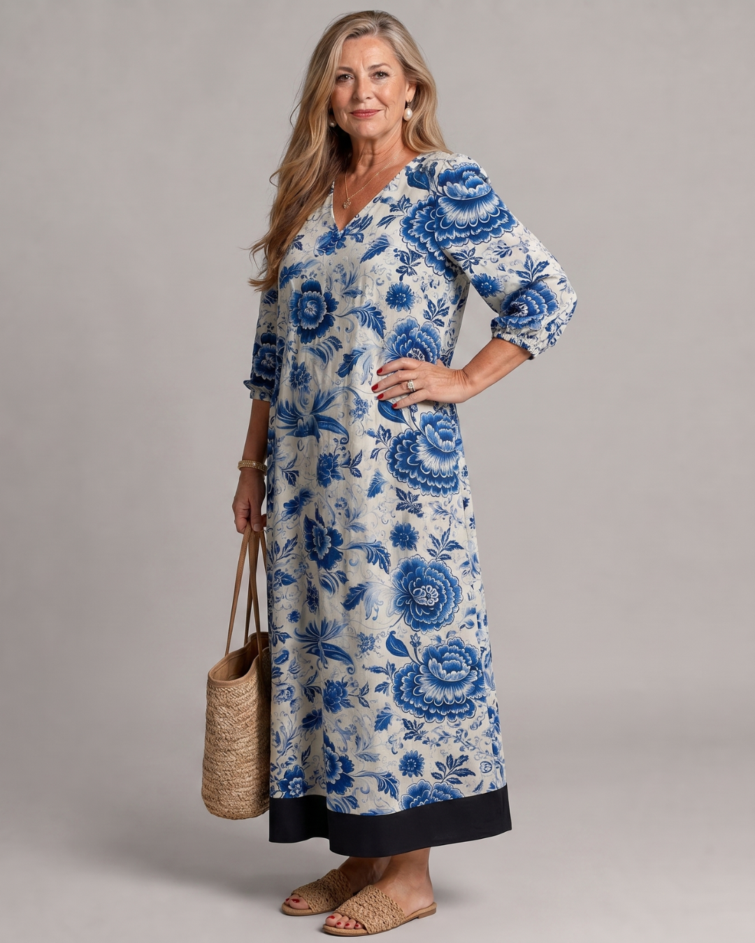 Sabina | Blue Porcelain Floral Pocket Detail Midi Dress
