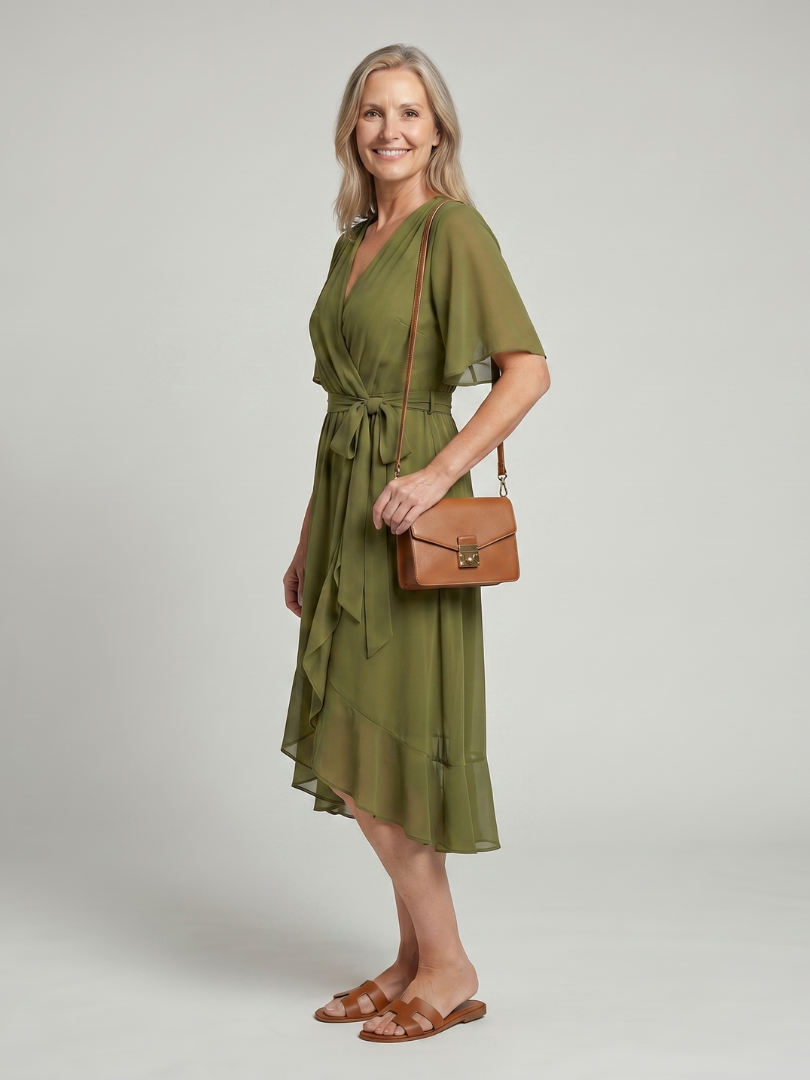 Tamsinlia | Short Sleeve Wrap Soft Flowing Hem Midi Dress