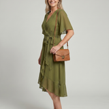 Tamsinlia | Short Sleeve Wrap Soft Flowing Hem Midi Dress