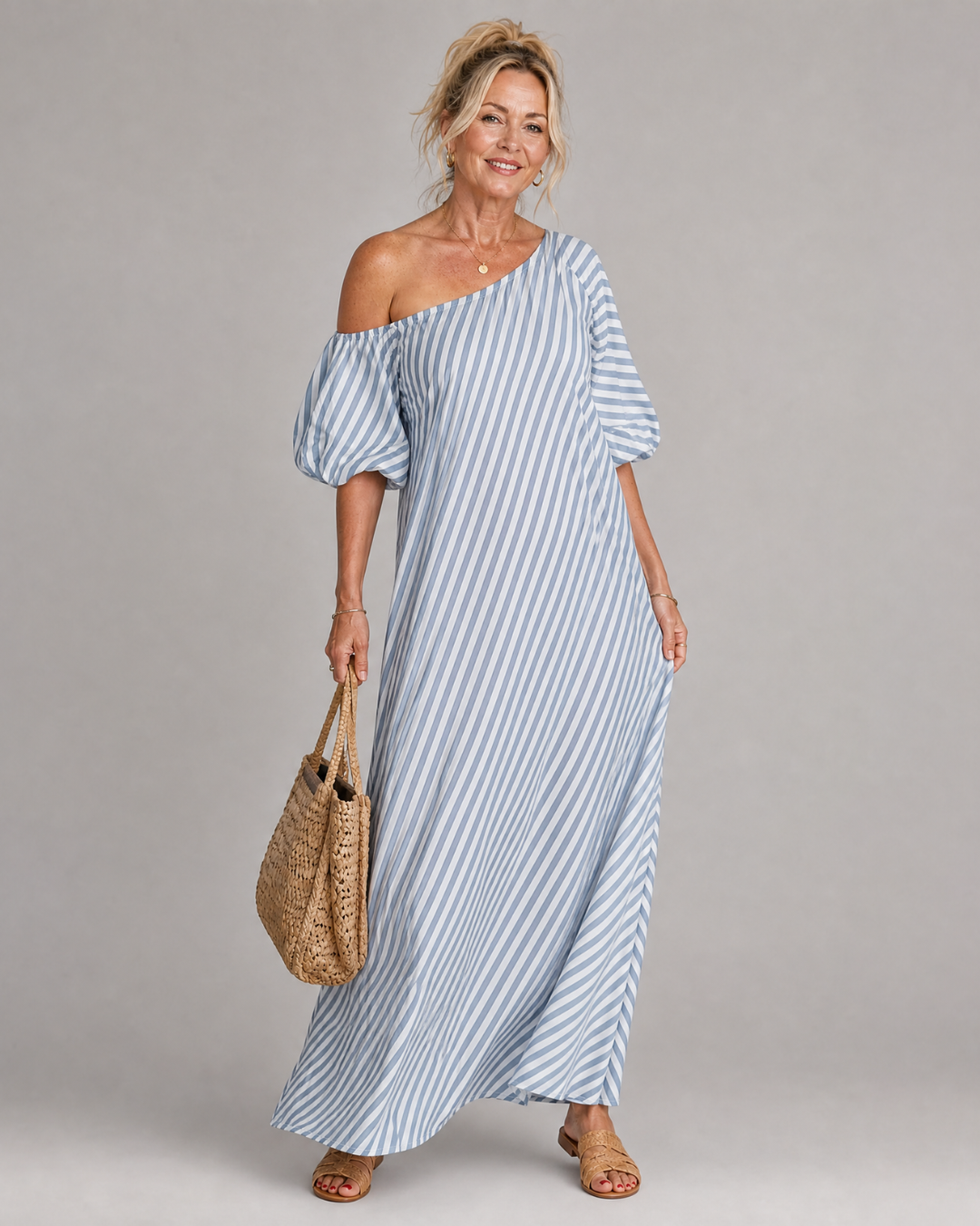 Faela | Striped Off Shoulder Puff Sleeve Midi Dress