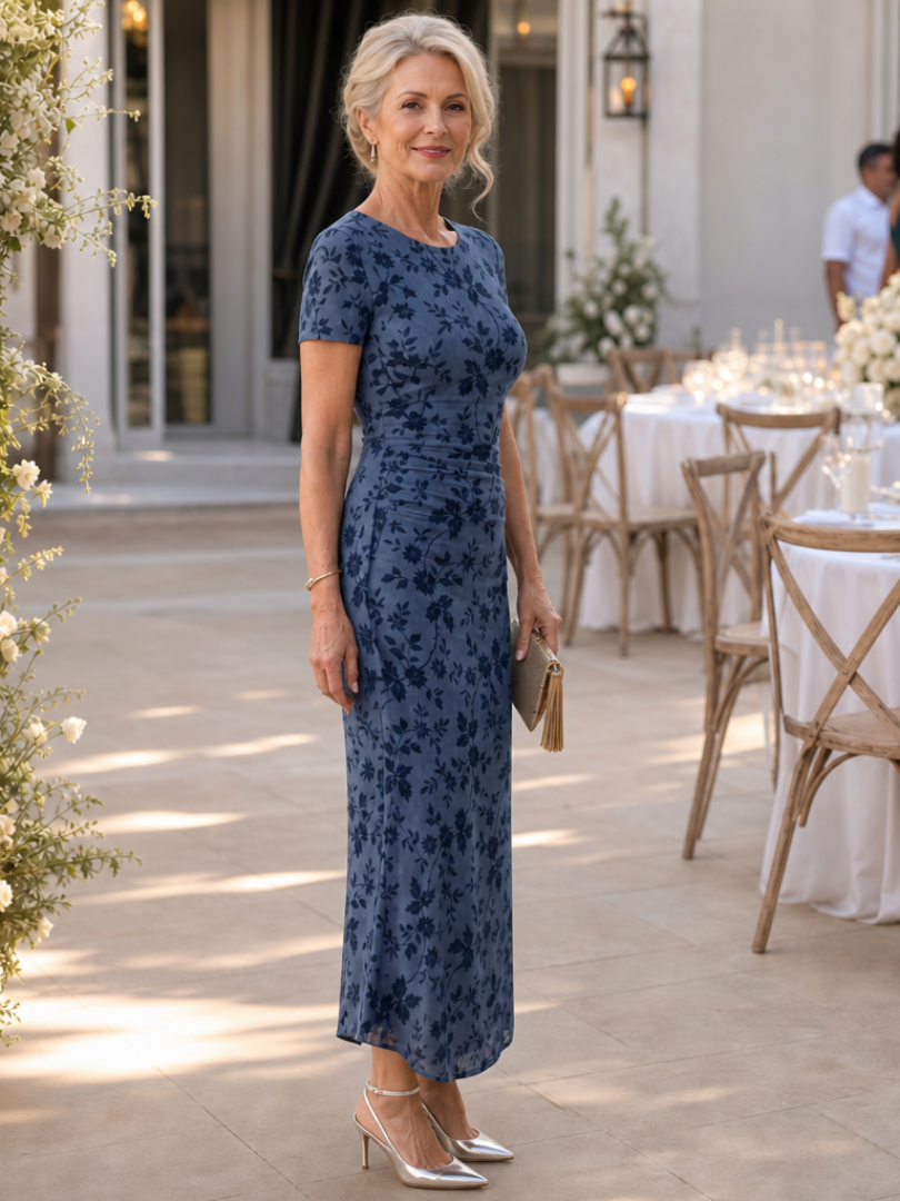 Celwen | Short Sleeve Crew Neck Midi Dress