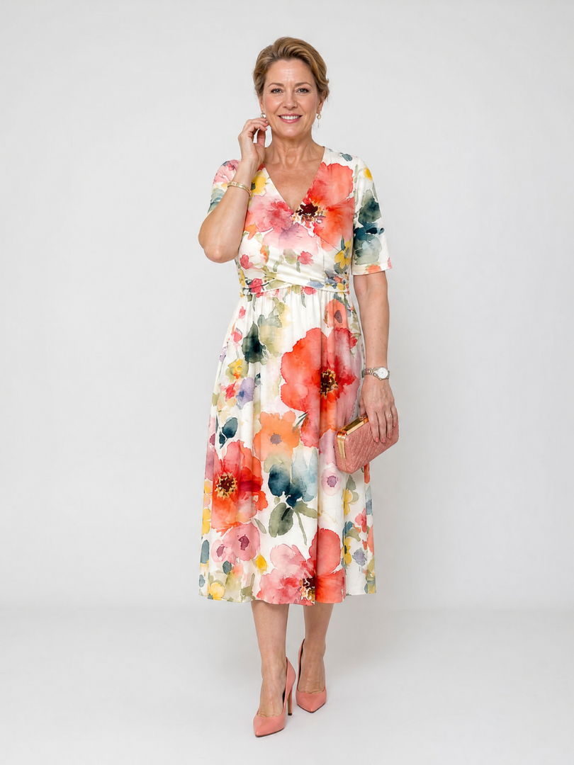 Linnlyn | Floral Print Short Sleeve V Neck Midi Dress
