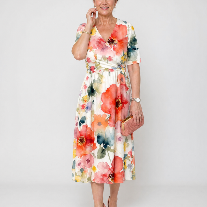 Linnlyn | Floral Print Short Sleeve V Neck Midi Dress