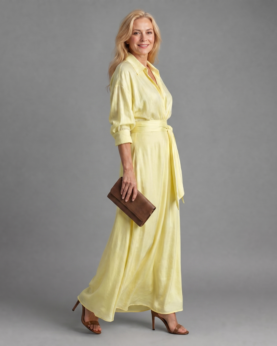 Lunlette | Belted Collared Flowing Long Sleeve Midi Dress