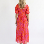 Gretasia | Floral V Neck Puff Sleeve Midi Dress