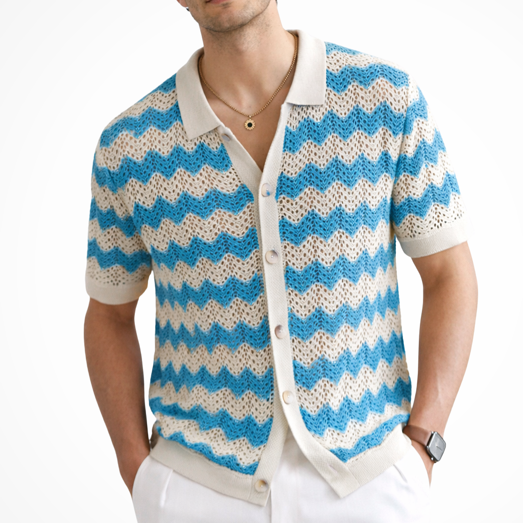 Jimmy | Men Short Sleeve Button Front Zigzag Crochet Knit Polo Shirt