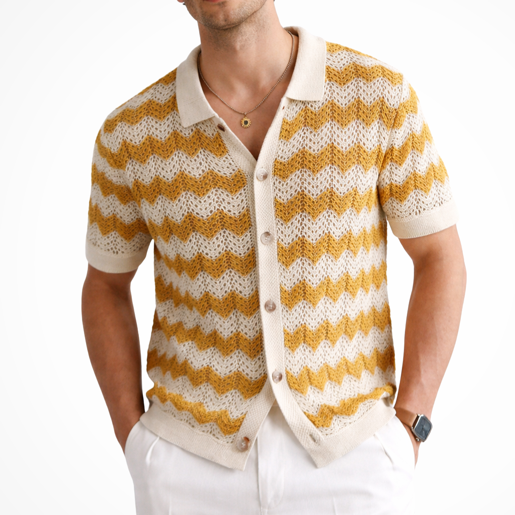Jimmy | Men Short Sleeve Button Front Zigzag Crochet Knit Polo Shirt
