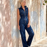 Vesda | Zip Front Sleeveless Denim Wide Leg Jumpsuit