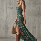 Elilora | Smocked Bodice Ruffle Strap High Slit Midi Dress