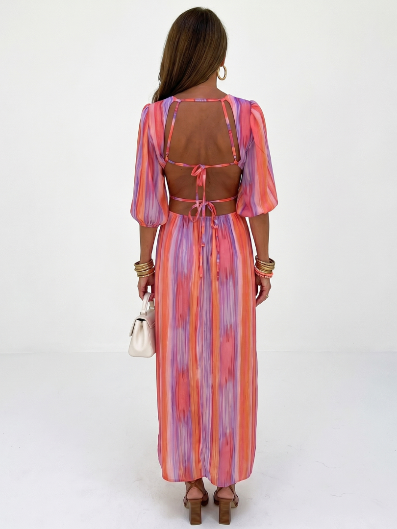 Isathea | Vertical Stripe Cutout Waist Midi Dress