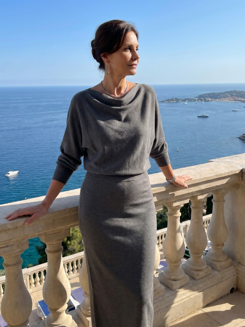 Saffwynne | Draped Neckline Fitted Skirt Midi Dress