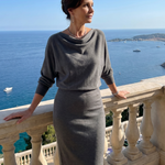 Saffwynne | Draped Neckline Fitted Skirt Midi Dress