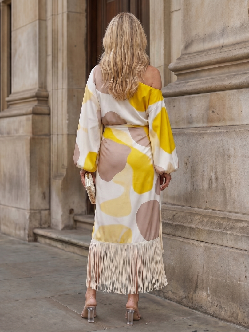 Briwynne | Abstract Print Fringe Hem Midi Dress